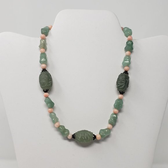 Carved Aventurine Rose Quartz Beaded Necklace - Picture 1 of 5